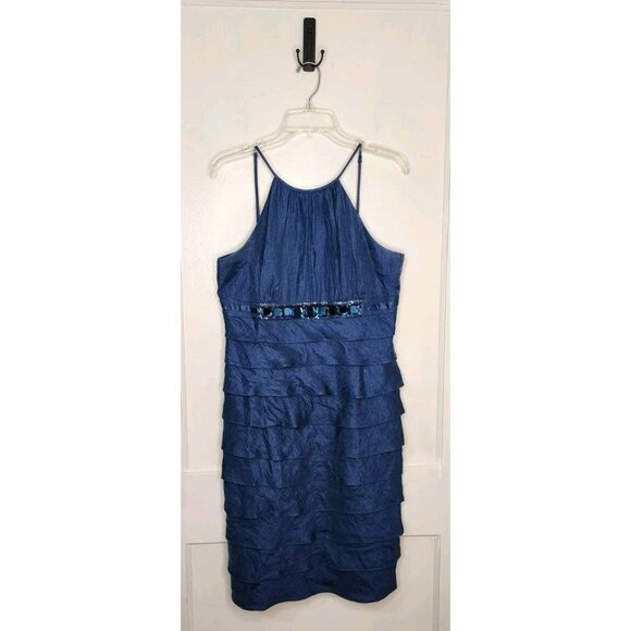 Adrianna Papell Dark Blue Iridescent Jeweled Tiered Skirt Cocktail Dress Size 14 - Picture 1 of 6
